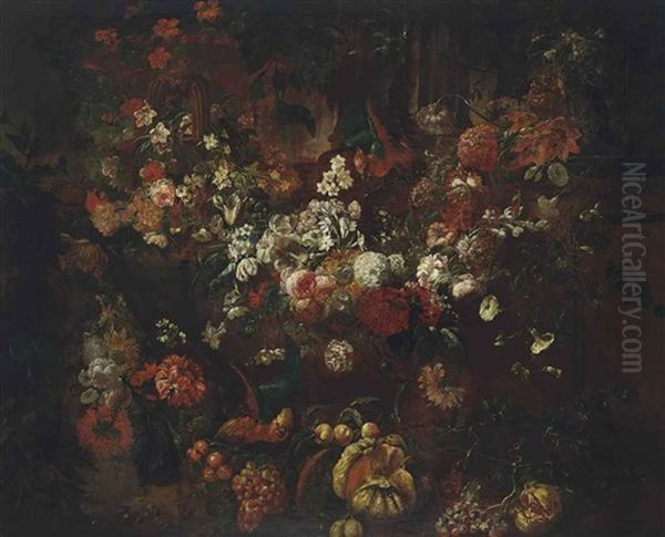 Geums, Roses, Parrot Tulips, Chrysanthemums, Sunflower And Other Flowers In An Architectural Setting, With A Gourd, Grapes, Peaches, Plums, A Pomegranate And Other Fruit With Parrots Oil Painting by Gaspar Pieter Verbrueggen the Elder