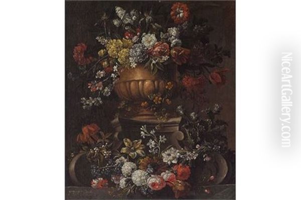 Blumenstillleben In Einer Terrakottavase Auf Volutensockel Oil Painting by Gaspar Pieter Verbrueggen the Elder