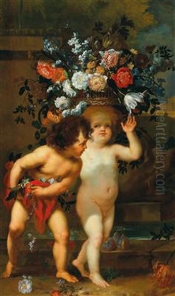 Two Putti Holding A Basket With Flowers Oil Painting by Gaspar Pieter Verbruggen the Younger