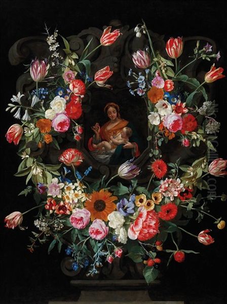 A Floral Garland Around A Stone Cartouche Enclosing The Madonna And Child Oil Painting by Gaspar Pieter Verbruggen the Younger