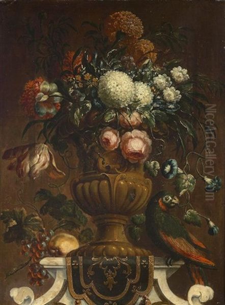 Roses, Chrysanthemums And Other Flowers In An Urn With Fruit And A Parrot On A Draped Stone Plinth Oil Painting by Gaspar Pieter Verbruggen the Younger