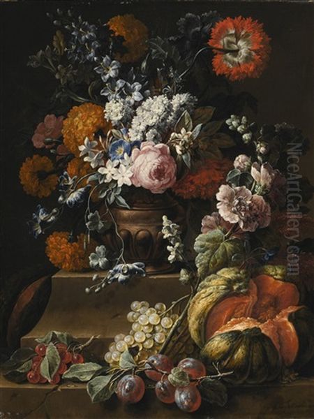 Still Life With Hollyhock, Carnations, And Various Flowers In A Vase On A Plinth With A Melon, Cherries, Grapes And Plums On A Ledge Oil Painting by Gaspar Pieter Verbruggen the Younger