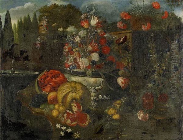 Garden Vase With Flowers And A Fountain Oil Painting by Gaspar Pieter Verbruggen the Younger