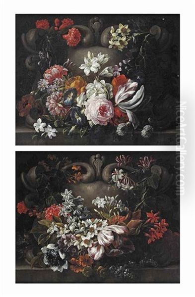 A Tulip, Jasmine, Chrysanthemums, Narcissi, Ivy And Various Other Flowers Decorating A Feigned Stone Cartouche; And Roses, Morning Glory, Jasmine, Narcissi, Poppies, A Tulip, Ivy And Various Other Flowers Decorating A Feigned Stone Cartouche Oil Painting by Gaspar Pieter Verbruggen the Younger