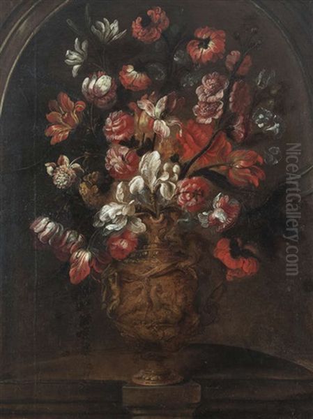 Tulips And Other Flowers, In Mannerist Ewers Set In Niches (a Pair) Oil Painting by Gaspar Pieter Verbruggen the Younger