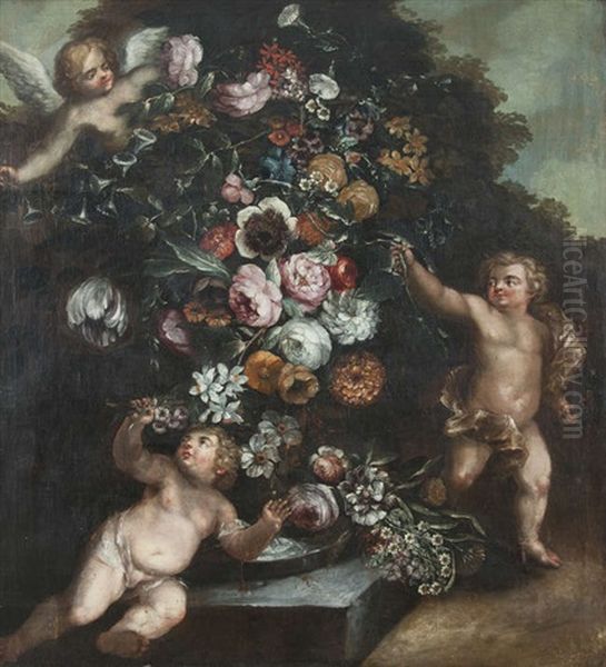 Flowers In A Sculptured Urn, Supported By A Three Putti Oil Painting by Gaspar Pieter Verbruggen the Younger