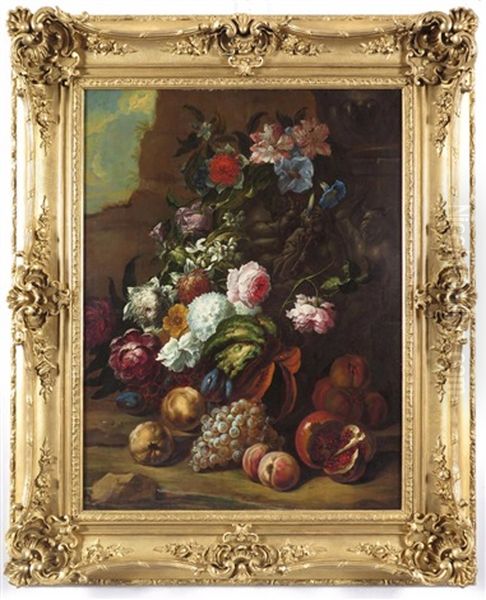 Still Life Of Flowers And Fruit Near A Relief Sculpture Of Classical Figures Surmounted By An Urn Oil Painting by Gaspar Pieter Verbruggen the Younger