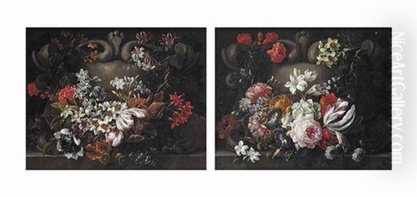 A Tulip, Jasmine, Chrysanthemums, Narcissi, Ivy And Various Other Flowers Decorating A Feigned Stone Cartouche; And Roses, Morning Glory, Jasmine, Narcissi, Poppies, A Tulip, Ivy And Various Other Flowers Decorating A Feigned Stone Cartouche Oil Painting by Gaspar Pieter Verbruggen the Younger