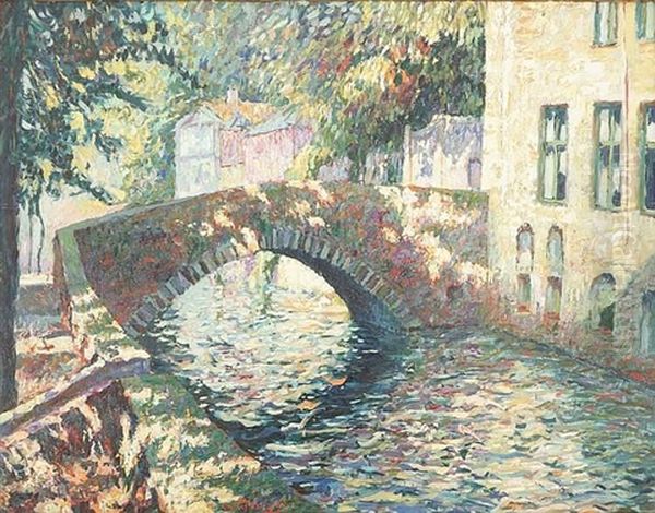 A Pointillist Oil On Panel Oil Painting by Charles-Henri Verbrugghe