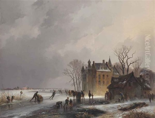 A Winter Landscape With Skaters On A Frozen Lake Near A Castle Oil Painting by Cornelis Gerrit Verburgh