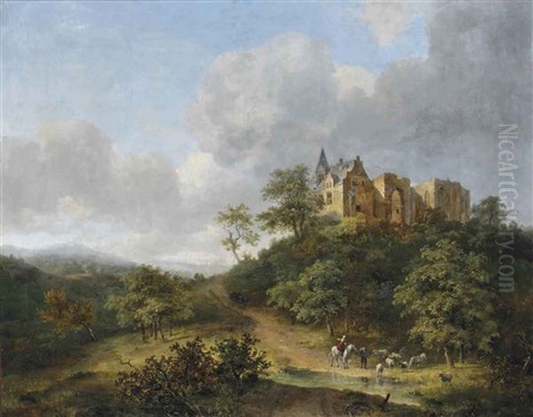 Shepherds Watering Their Cattle Near The Ruins Of The St. Vitus Convent On The Elterberg Oil Painting by Cornelis Gerrit Verburgh