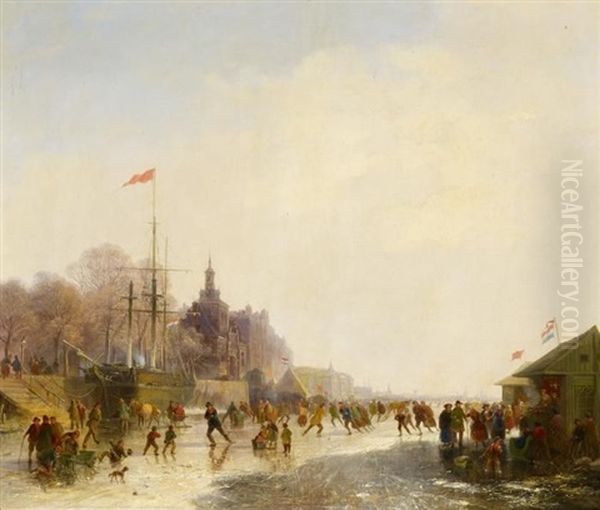 Schlittschuhlaufer Auf Einem Zugefrorenem Fluss, Moglicherweise Bei Rotterdam Oil Painting by Cornelis Gerrit Verburgh