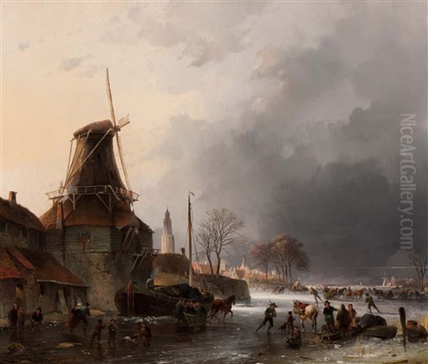 Activity On The Ice Near A Mill Oil Painting by Cornelis Gerrit Verburgh