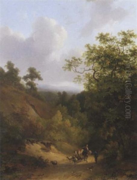 Peasants Conversing On A Sandy Track In A Wooded Valley Oil Painting by Cornelis Gerrit Verburgh