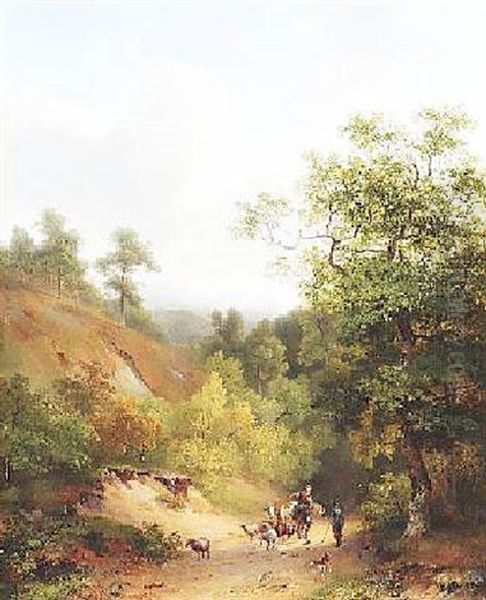 Hirten In Sommerlicher Waldlandschaft Oil Painting by Cornelis Gerrit Verburgh