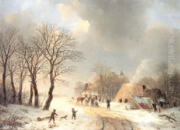 Winter Landscape With Figures By A Kiln Oil Painting by Cornelis Gerrit Verburgh