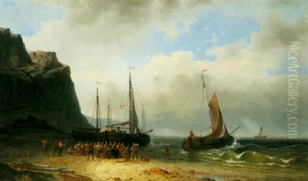 A Coastal Scene Oil Painting by Cornelis Gerrit Verburgh