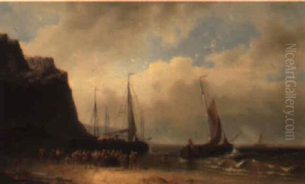 A Coastal Scene Oil Painting by Cornelis Gerrit Verburgh