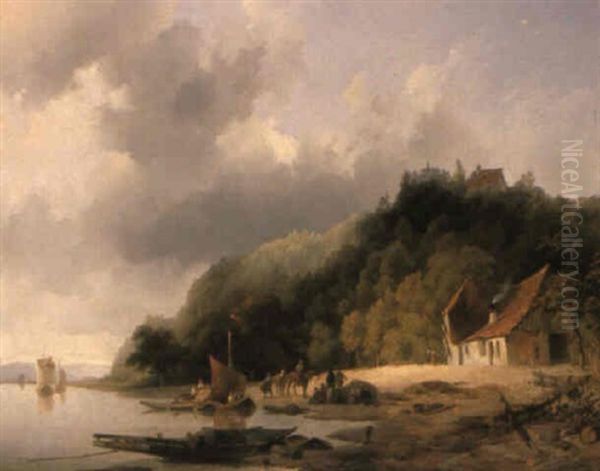 Fisherfolk At A Lakeside Cottage Oil Painting by Cornelis Gerrit Verburgh