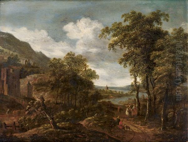 Gebirgige Flusslandschaft Mit Figuren Oil Painting by Dionys Verburgh