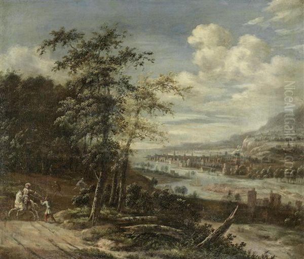 Bandits On A Riverside Path, A Town Beyond Oil Painting by Dionys Verburgh