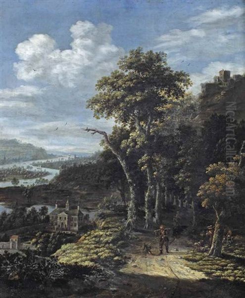 A Rhenish River Landscape With Travellers On A Path At The Edge Of A Wood, A Mansion In The Valley Below Oil Painting by Dionys Verburgh