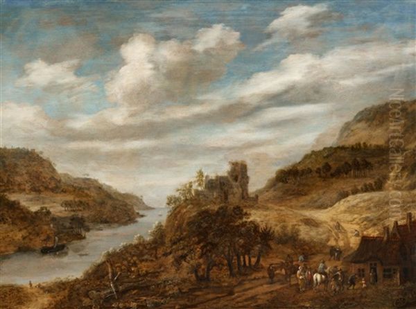 A River Landscape Oil Painting by Dionys Verburgh