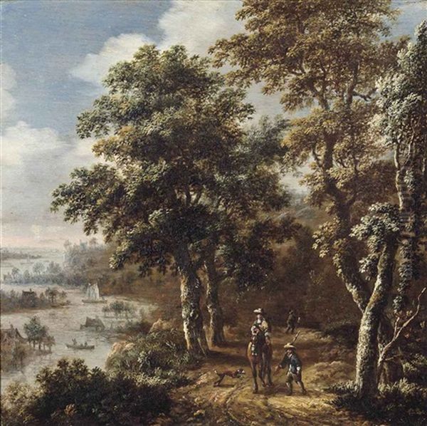 A Wooded River Landscape With Figures On A Track by Dionys Verburgh