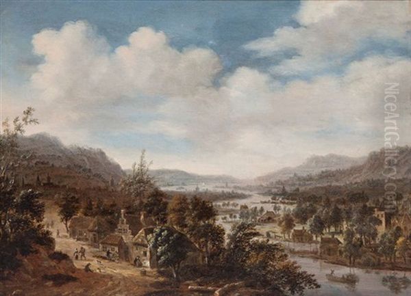 Paysage Panoramique Anime De Nombreux Personnages Pres D'une Riviere Sinueuse Oil Painting by Dionys Verburgh