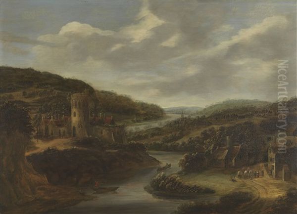 Flusslandschaft Mit Burg Und Kleinem Dorf by Dionys Verburgh