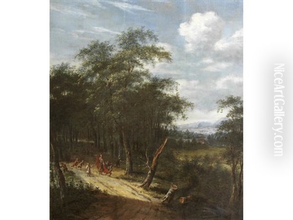 A Wooded Landscape With Children Playing On A Path (+ A Wooded Landscape With Figures On A Track; Pair) Oil Painting by Dionys Verburgh