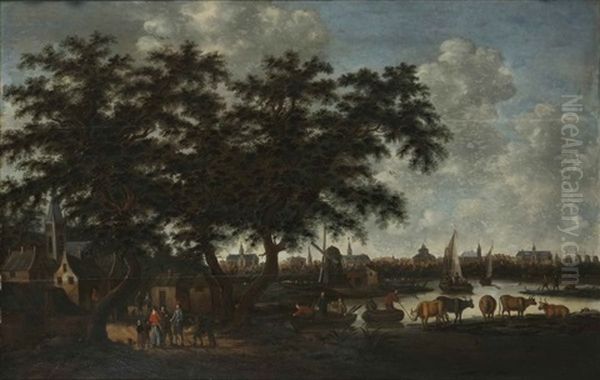 Vue D'une Ville Hollandaise Depuis Les Bords D'une Riviere Oil Painting by Dionys Verburgh