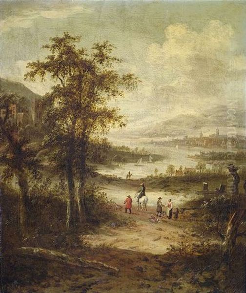 Weite Flusslandschaft Mit Reisenden Und Bauern Auf Einem Sandigen Fahrweg Oil Painting by Dionys Verburgh