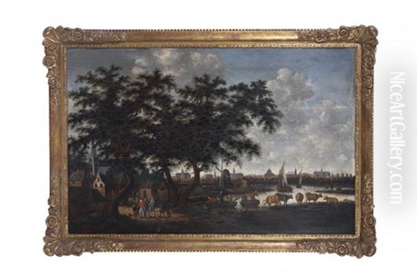 Vue D'une Ville Hollandaise Depuis Les Bords D'une Riviere Oil Painting by Dionys Verburgh