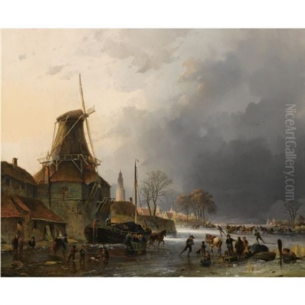 A Winter Landscape With Many Figures And Horse Sledges On The Ice By A Windmill Oil Painting by Gerard Johannes Verburgh