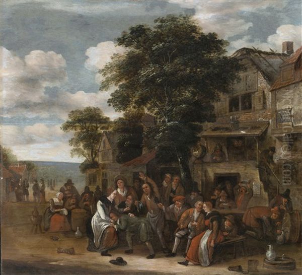 A Village Scene With Revelers Outside An Inn Oil Painting by Rutger Verburgh