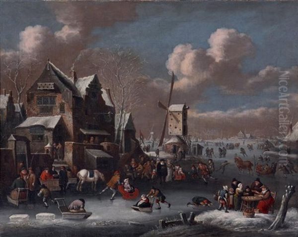 Scene De Patinage Dans Un Village Flamand Oil Painting by Rutger Verburgh