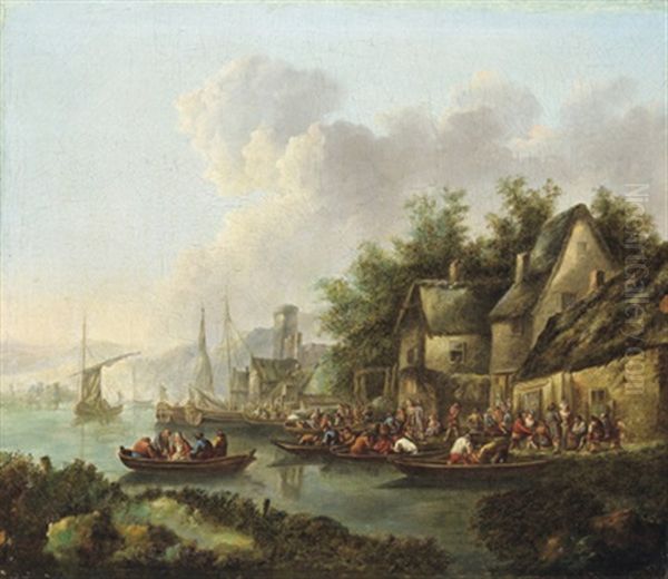 Dorf An Einem Fluss Mit Vielen Booten Und Figuren Oil Painting by Rutger Verburgh