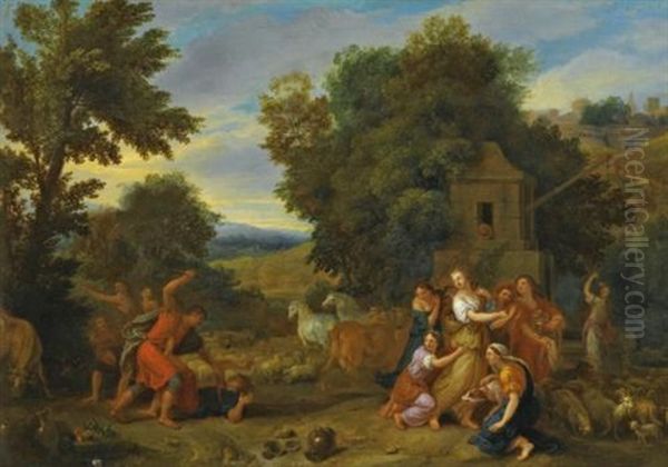 Moses Defending The Daughters Of Jethro Oil Painting by Francois (Van Hamken) Verdier