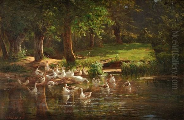 Les Oies A L'abreuvoir Oil Painting by Joseph Rene Verdier