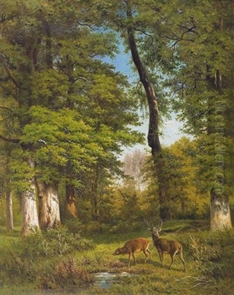 Asendes Damwildpaar Auf Einer Waldlichtung Oil Painting by Jean-Louis Verdiers