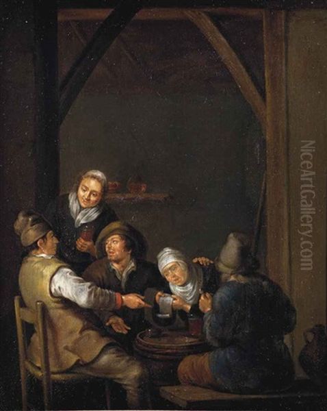 Peasants Drinking In An Interior Oil Painting by Adriaen Verdoel