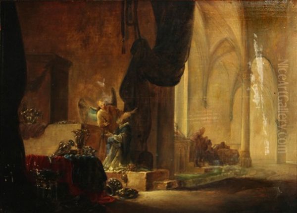 A Church Interior With An Angel And A Priest Oil Painting by Adriaen Verdoel