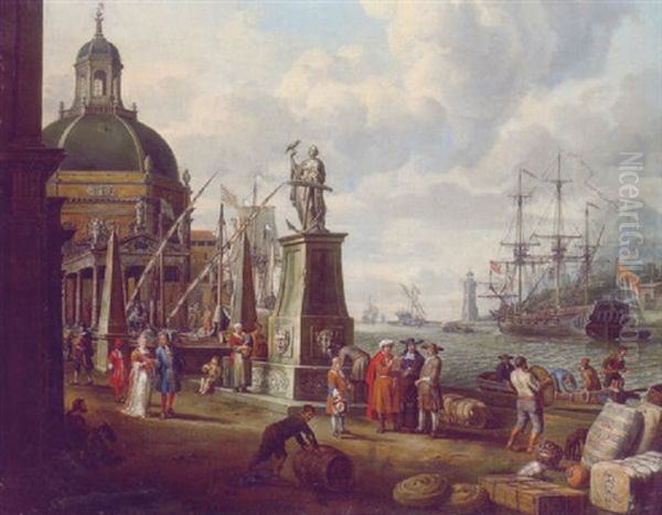 A Capriccio Of A Mediterranean Harbour With Merchants, An Elegant Couple On The Quayside, Before A Statue Of Hope And A Baroque Church by Adriaen Verdoel