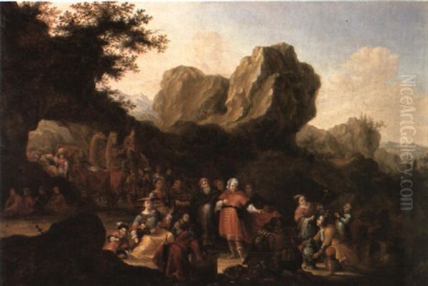 Rocky Landscape With Figures Haggling Over Gilded Vessels And Porcelain Oil Painting by Adriaen Verdoel