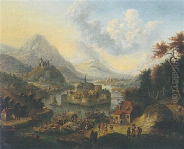 A Rhenish River Landscape With Numerous Figures Loading Boats And A Fortified Island And A Valley Beyond Oil Painting by Cornelis Verdonck