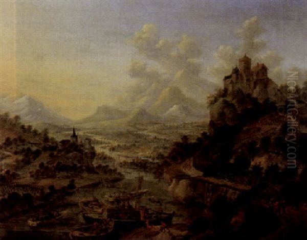 Flusslandschaft Mit Zahlreichen Schiffen, Personen, Schlossern Und Burgen Oil Painting by Cornelis Verdonck