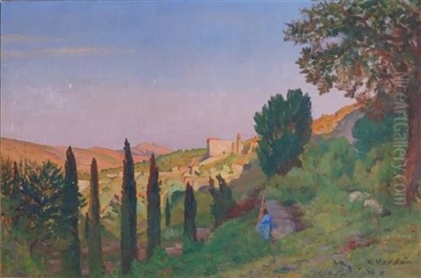 Figure In Mediterranean Landscape Oil Painting by Raymond Jean Verdun