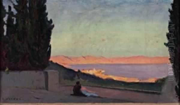 Couple Devant Paysage De Bord De Mer (midi Ou Alger) Oil Painting by Raymond Jean Verdun