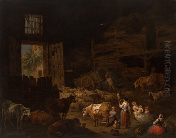 Cows, Sheep And Other Animals In A Barn Oil Painting by Jan Peeter Verdussen